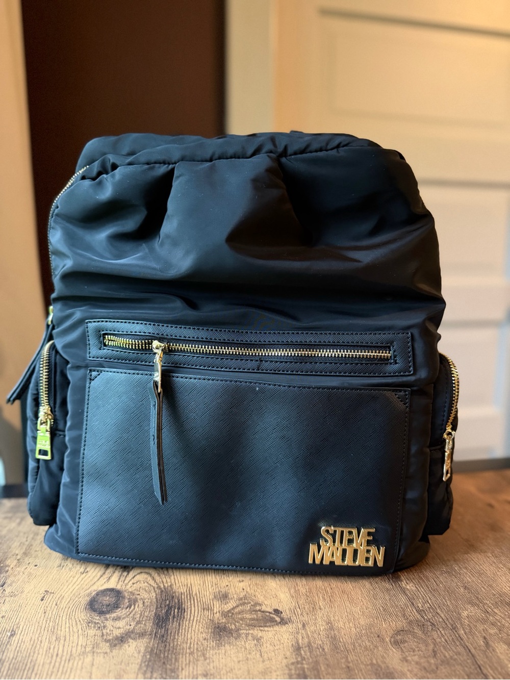 Steve Madden Black Nylon Backpack with Gold Hardware